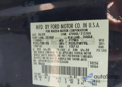 2003 Mazda B3000 Ds из США, поврежденный, VIN 4F4YR12U63TM22430